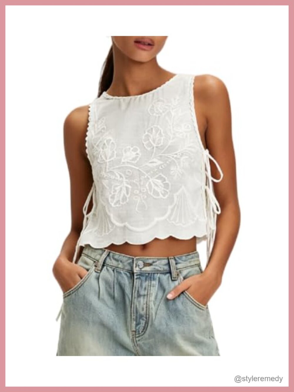 Women Floral Embroidered Crop Tank Top Tie Up Square Neck Summer Vest